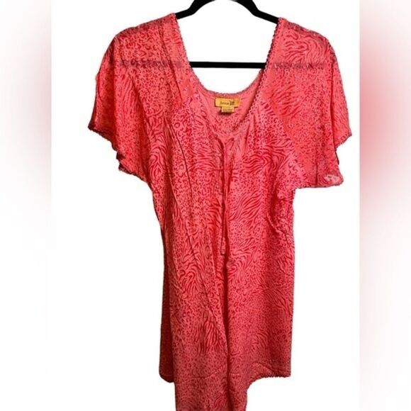 NWT SAKKAS Women’s Coral Short Sleeve Boho Style Blouse Animal Print Ties - 1/2X - Picture 1 of 6